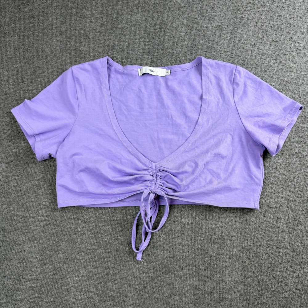Adika‎ Crop Top Women's Size S Purple Ruched Front V-Neck Short Sleeve Tie Shirt